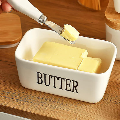 Butter Dish Airtight Butter Keeper, Porcelain Butter Storage Container with Lid (Black)