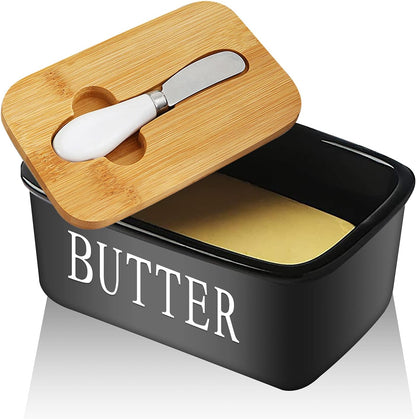 Butter Dish Airtight Butter Keeper, Porcelain Butter Storage Container with Lid (Black)