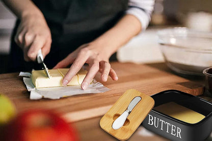 Butter Dish Airtight Butter Keeper, Porcelain Butter Storage Container with Lid (Black)