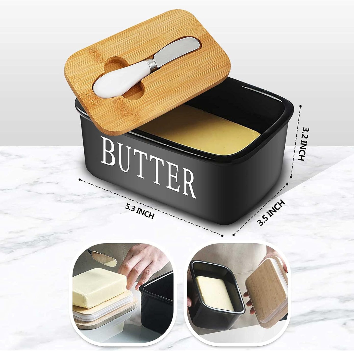 Butter Dish Airtight Butter Keeper, Porcelain Butter Storage Container with Lid (Black)