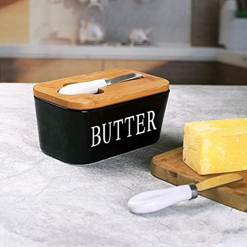 Butter Dish Airtight Butter Keeper, Porcelain Butter Storage Container with Lid (Black)